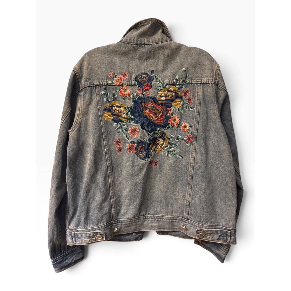 Blu Pepper Denim Floral Embroidered Trucker Jacket Faded Wash Blue Large BA7574